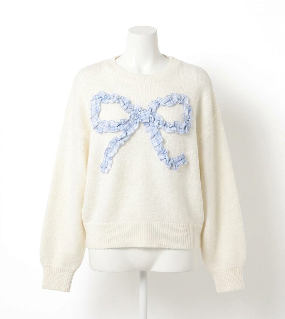 NEW WISHLIST plaid bow brushed sweater in cream